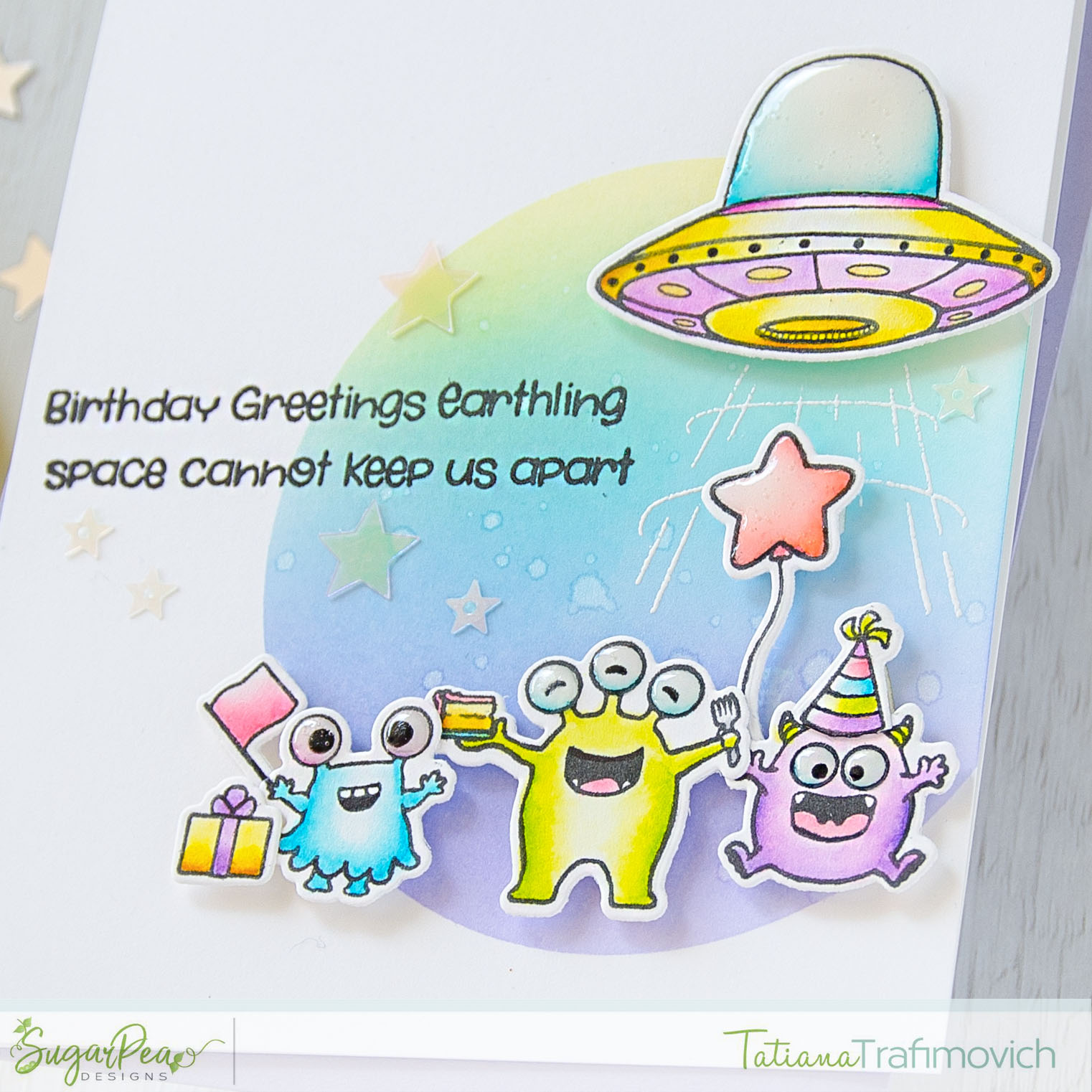 Birthday Greetings Earthling #handmade card by Tatiana Trafimovich #tatianacraftandart - Take Us To Your Cake stamp set by SugarPea Designs #sugarpeadesigns