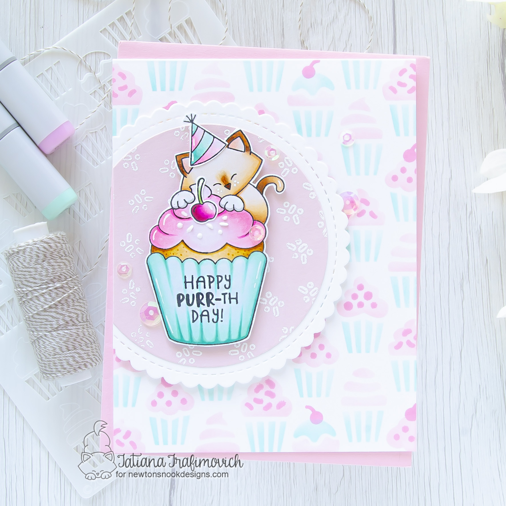 Happy PURR-day!!! #handmade card by Tatiana Trafimovich #tatianacraftandart - Newton's Cupcake stamp set by Newton's Nook Designs #newtonsnook