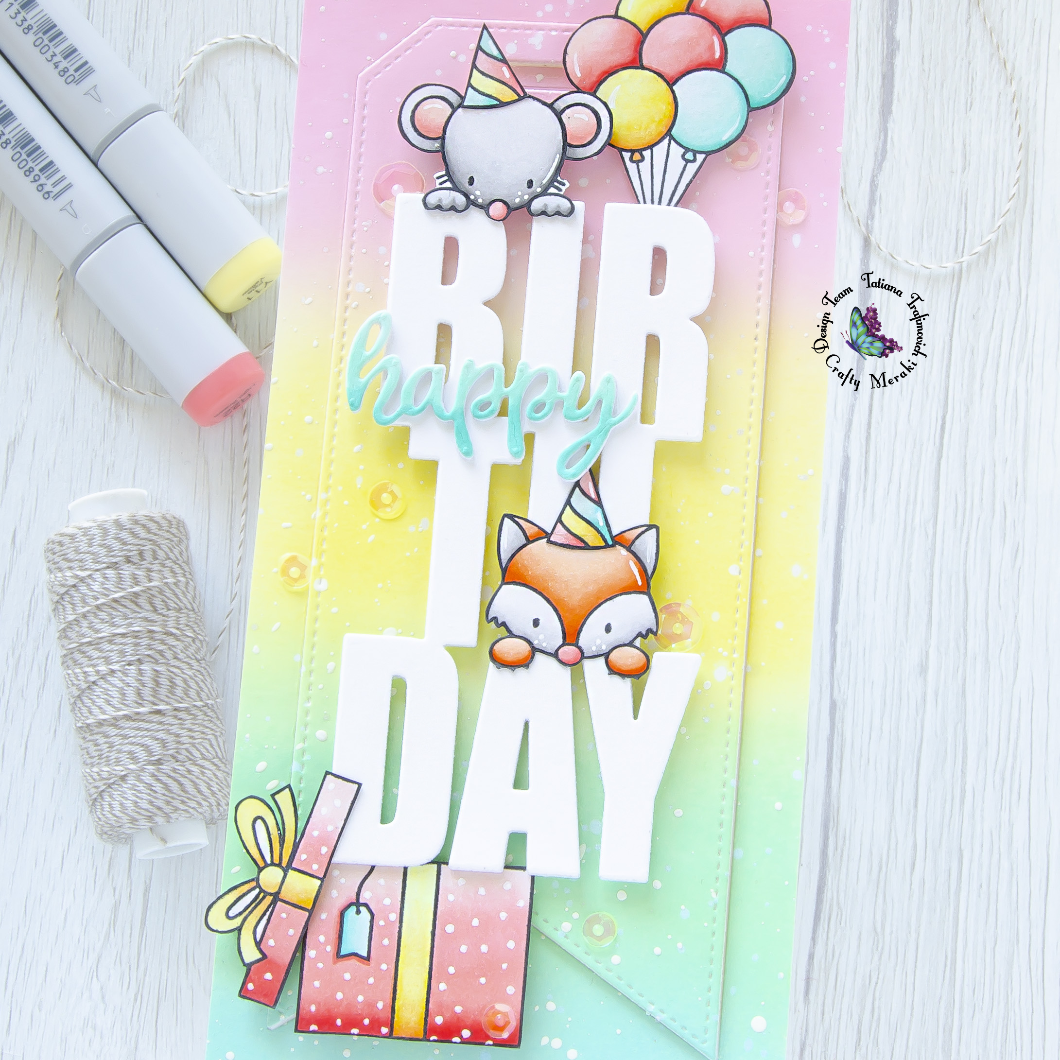 Happy Birthday #handmade card by Tatiana Trafimovich #tatianacraftandart - Birthday Slimline Tag Die by Crafty Meraki #craftymeraki and Popping By Stamp Set by Heffy Doodle #heffydoodle