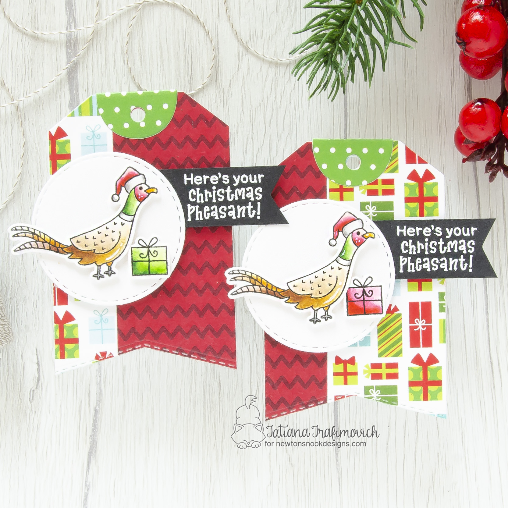 #handmade Christmas Tags by Tatiana Trafimovich #tatianacraftandart - Christmas Pheasant stamp set by Newton's Nook Designs #newtonsnook