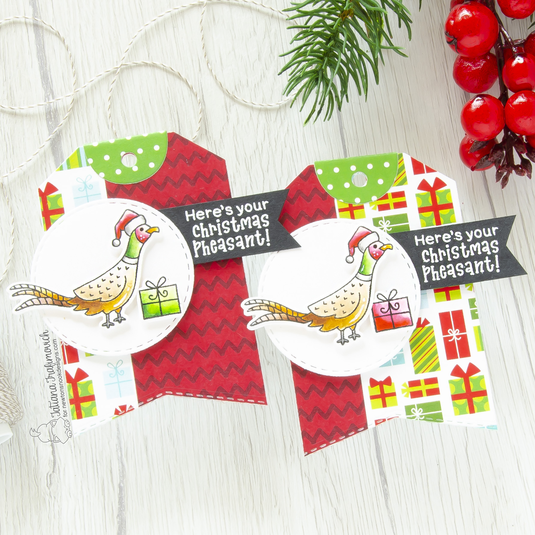 #handmade Christmas Tags by Tatiana Trafimovich #tatianacraftandart - Christmas Pheasant stamp set by Newton's Nook Designs #newtonsnook