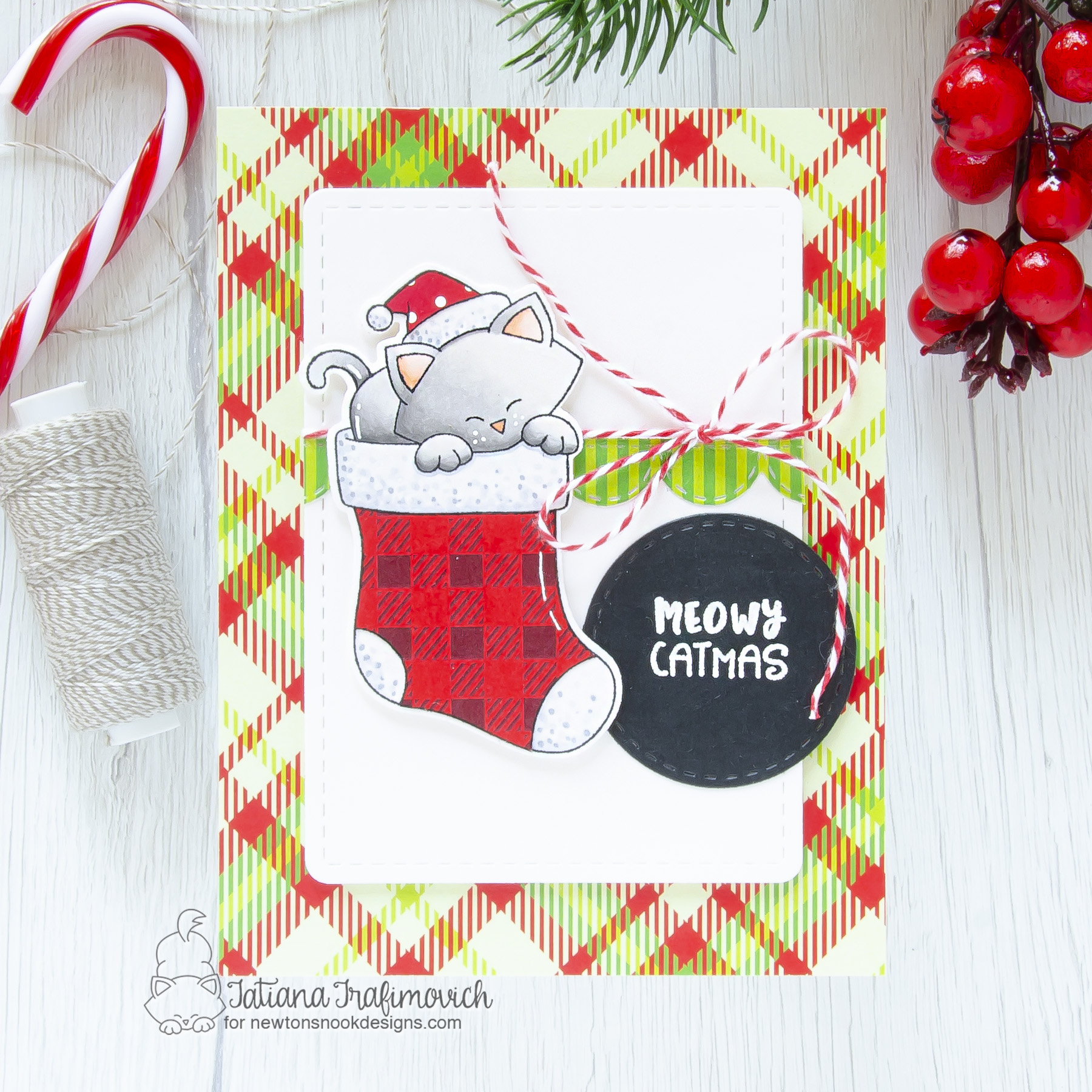 Mewy Catmas #handmade card by Tatiana Trafimovich #tatianacraftandart - Newton's Stcking stamp set by Newton's Nook Designs #newtonsnook