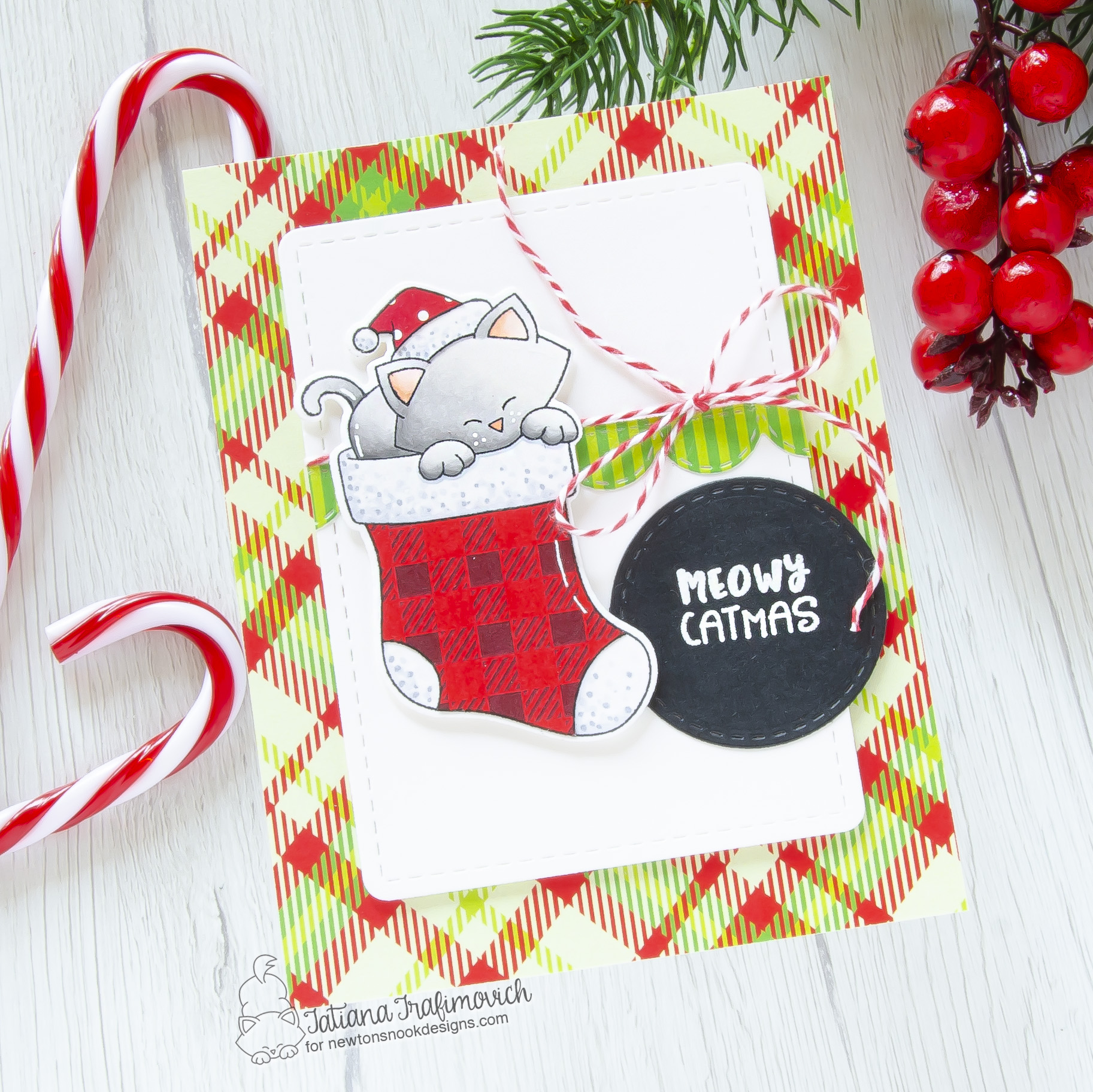 Mewy Catmas #handmade card by Tatiana Trafimovich #tatianacraftandart - Newton's Stcking stamp set by Newton's Nook Designs #newtonsnook