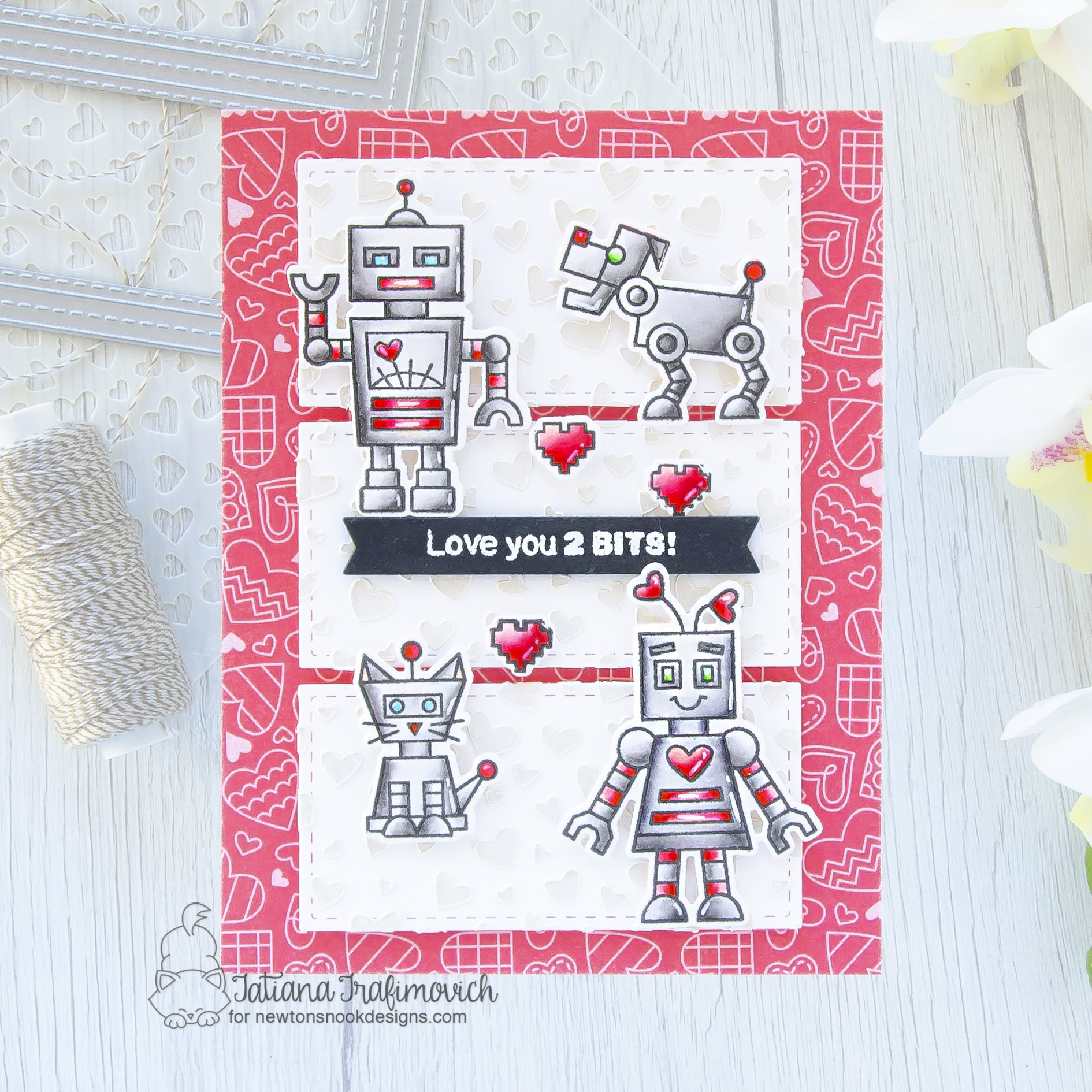 Love You 2 Bits #handmade card by Tatiana Trafimovich #tatianacraftandart - Love Bots stamp set by Newton's Nook Designs #newtonsnook