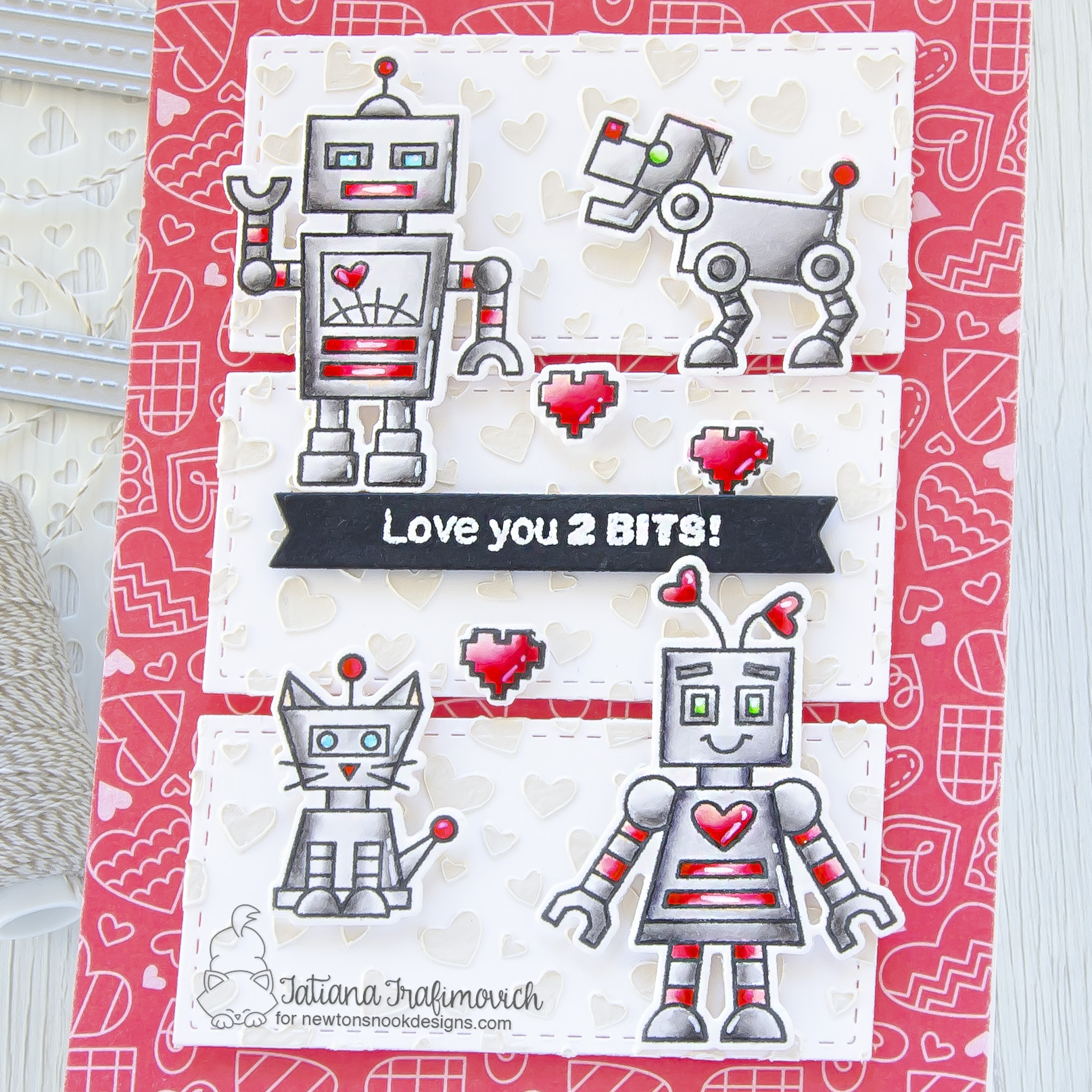 Love You 2 Bits #handmade card by Tatiana Trafimovich #tatianacraftandart - Love Bots stamp set by Newton's Nook Designs #newtonsnook