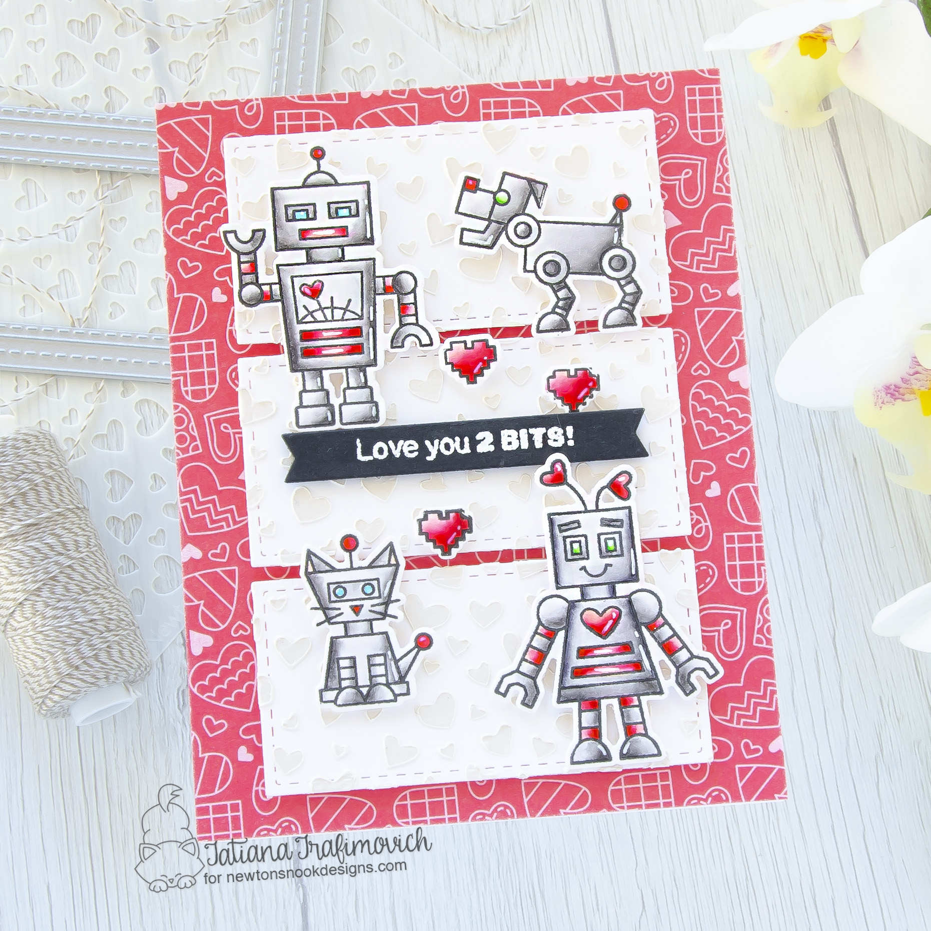 Love You 2 Bits #handmade card by Tatiana Trafimovich #tatianacraftandart - Love Bots stamp set by Newton's Nook Designs #newtonsnook