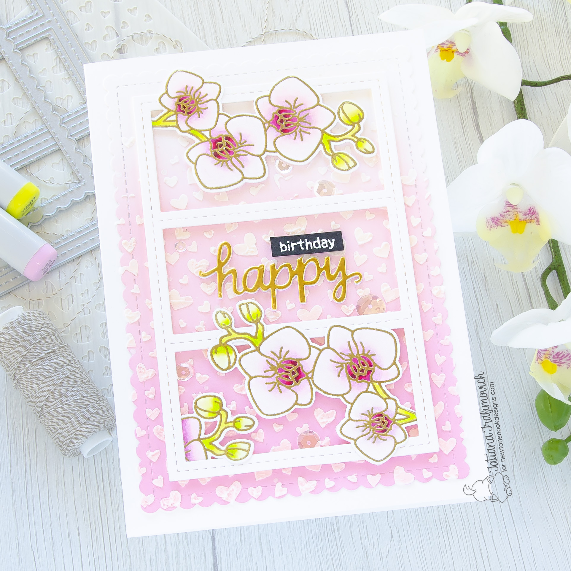 Happy Birthday #handmade card by Tatiana Trafimovich #tatianacraftandart - Orchids stamp set by Newton's Nook Designs #newtonsnook