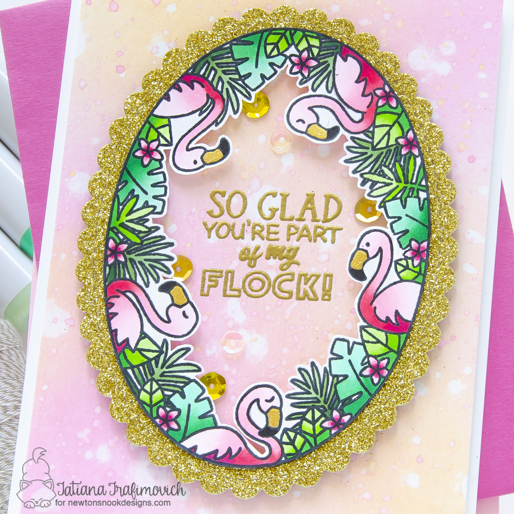 So Glad You're Part of My Flock #handmade card by Tatiana Trafimovich #tatianacraftandart - Flamingo Oval stamp set by Newton's Nook Designs #newtonsnook