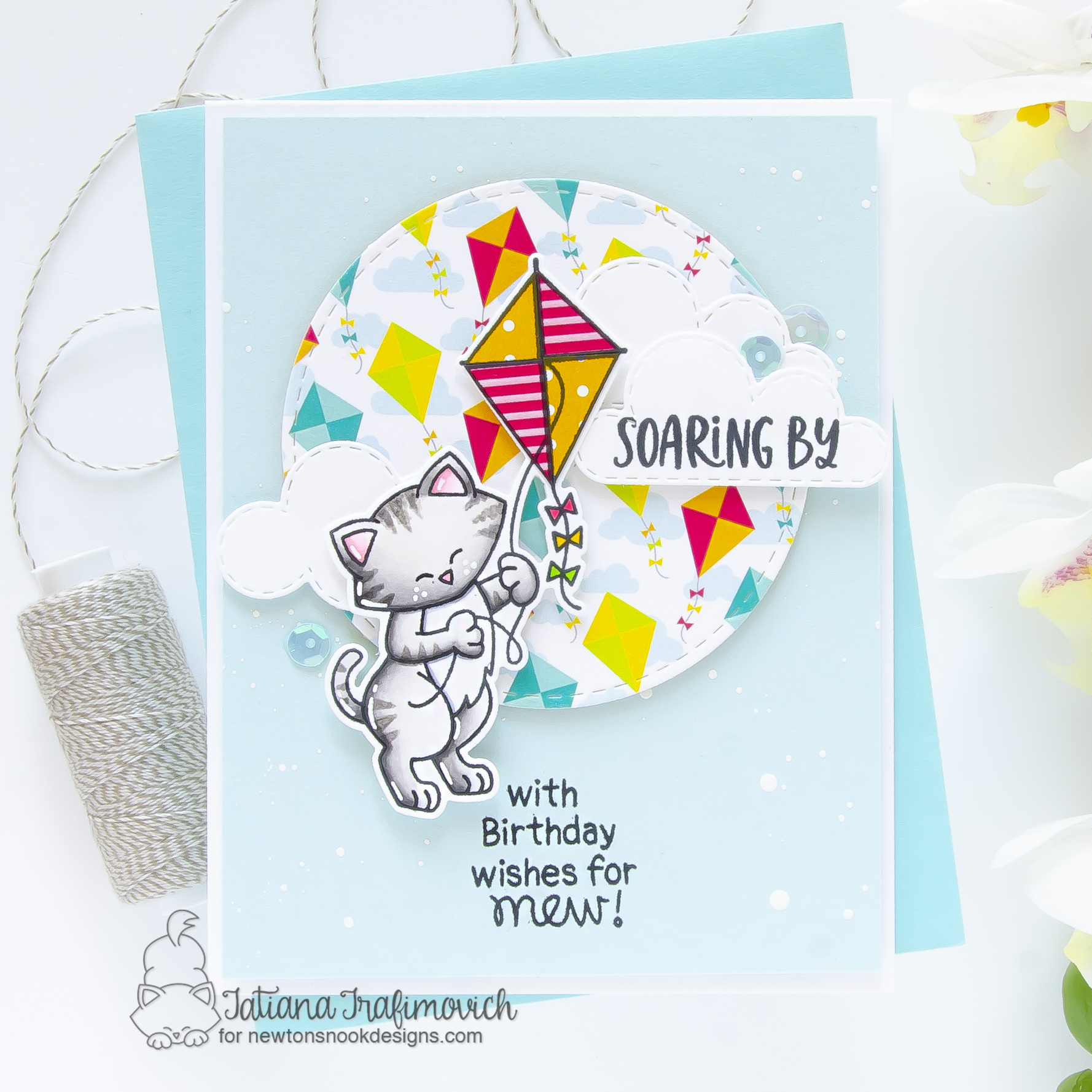 Birthday Wishes for MEW! #handmade card by Tatiana Trafimovich #tatianacraftandart - Newton's Kite stamp set by Newton's Nook Designs #newtonsnook