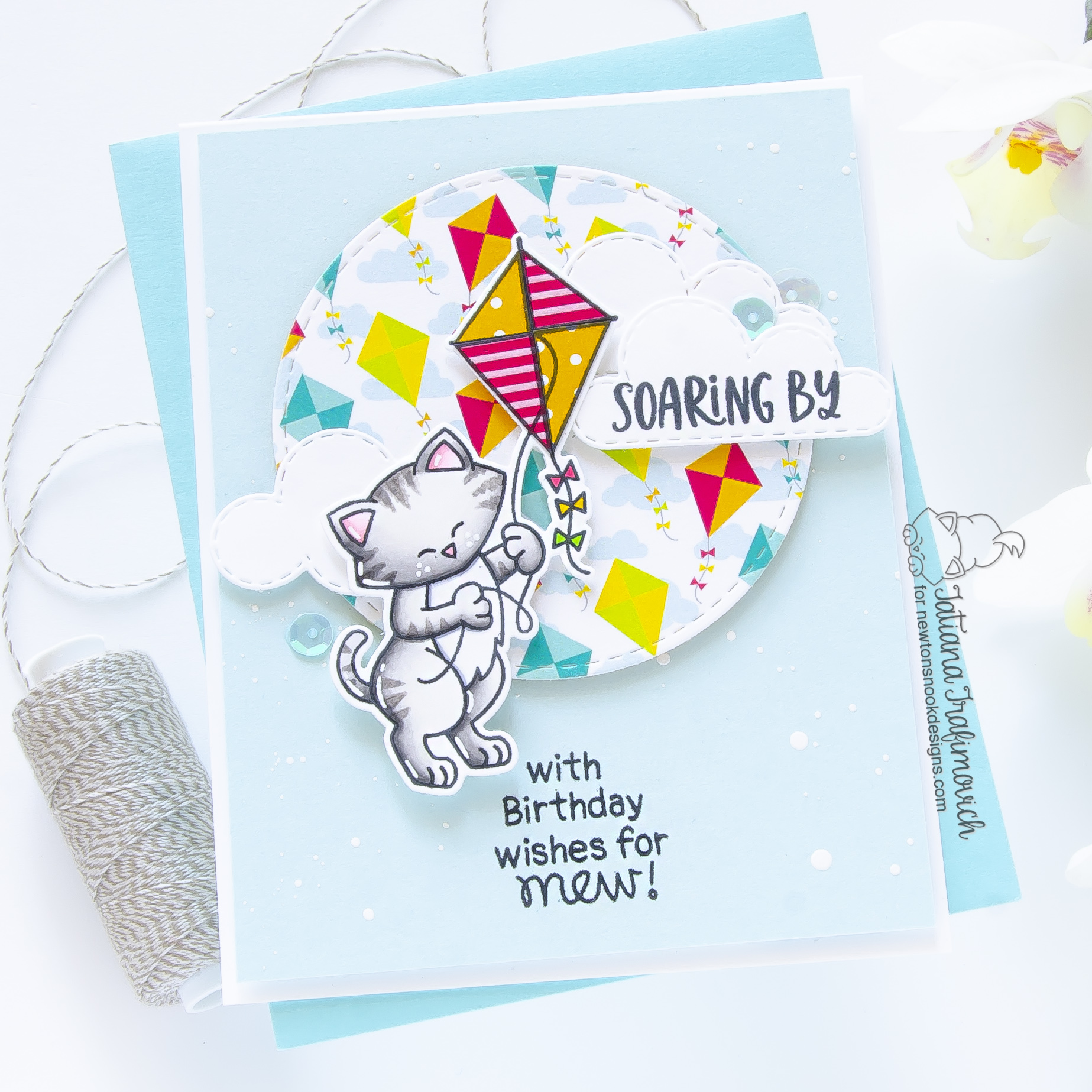 Birthday Wishes for MEW! #handmade card by Tatiana Trafimovich #tatianacraftandart - Newton's Kite stamp set by Newton's Nook Designs #newtonsnook