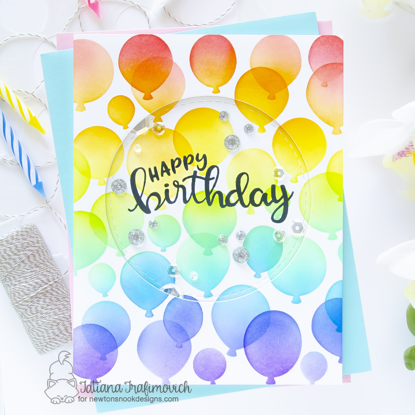 Happy Birthday #handmade card by Tatiana Trafimovich #tatianagraphicdesign #tatianacraftandart - Sky Bokeh Balloons stencil set by Newton's Nook Designs #newtonsnook