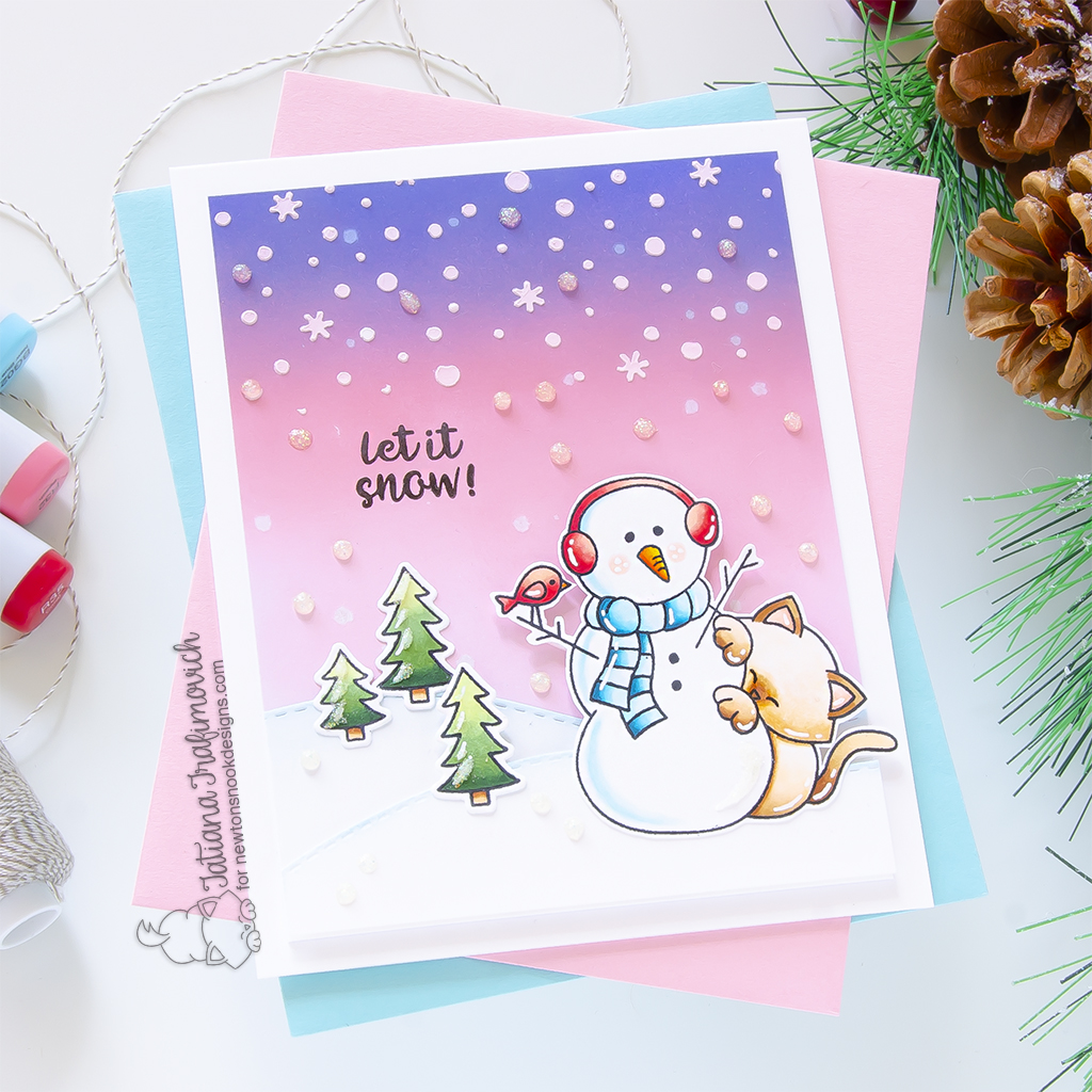 Let It Snow! #handmade card by Tatiana Trafimovich #tatianagraphicdesign #tatianacraftandart - Newton's Curious Christmas stamp set by Newton's Nook Designs #newtonsnook