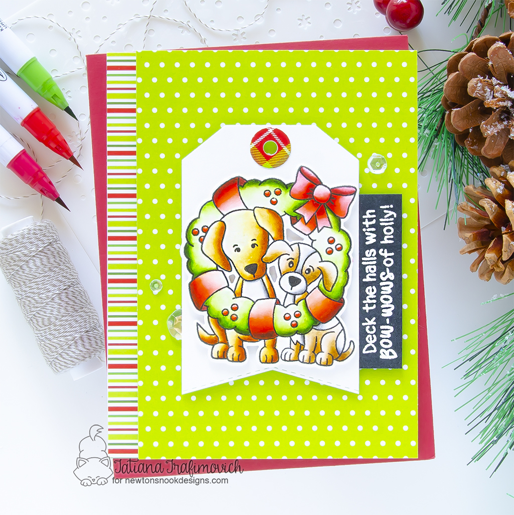 Christmas #handmade card by Tatiana Trafimovich #tatianagraphicdesign #tatianacraftandart - Wreath Pups stamp set by Newton's Nook Designs #newtonsnook