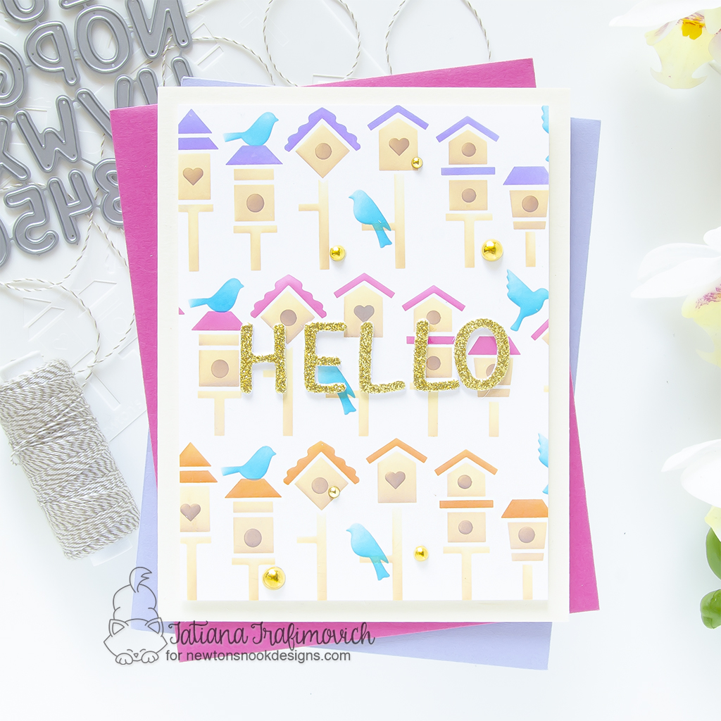 Hello #handmade card by Tatiana Trafimovich #tatianagraphicdesign #tatianacraftandart - Birdhouse Line Stencil by Newton's Nook Designs #newtonsnook