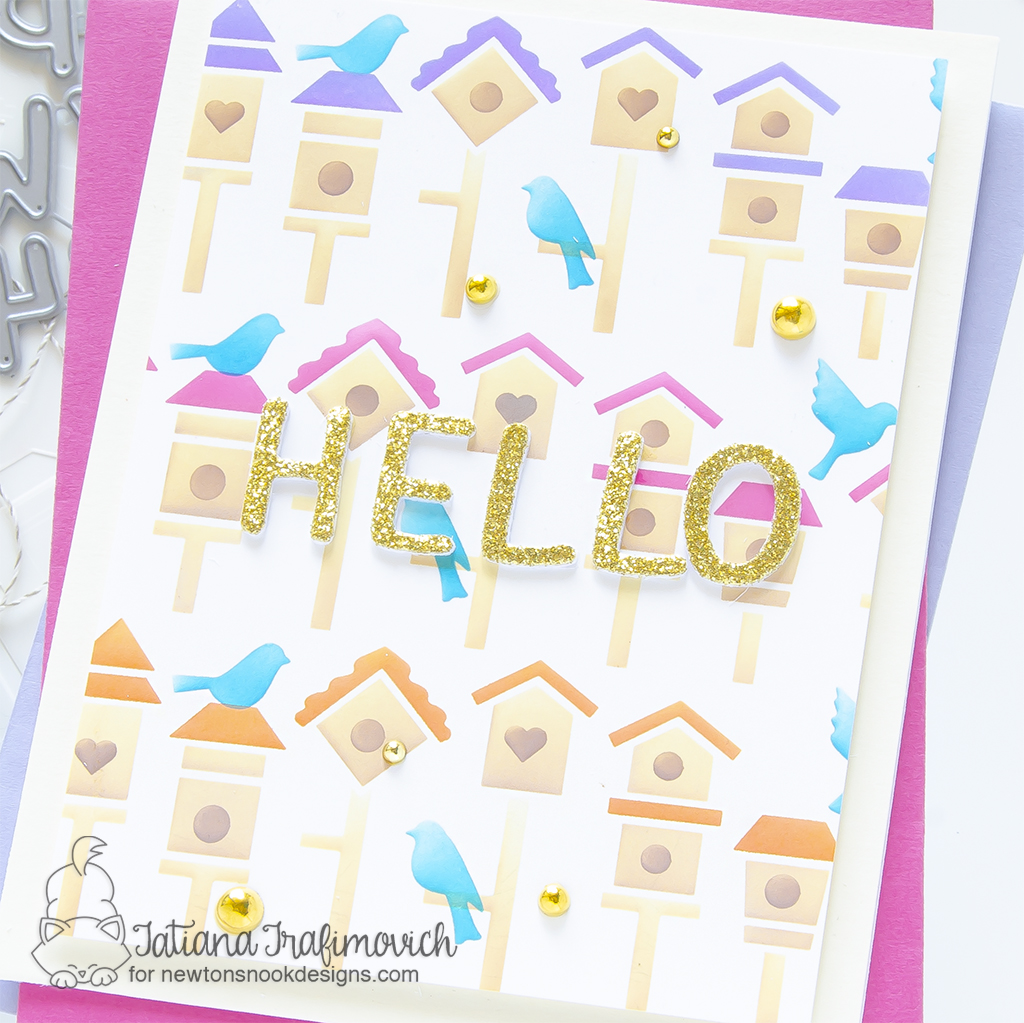 Hello #handmade card by Tatiana Trafimovich #tatianagraphicdesign #tatianacraftandart - Birdhouse Line Stencil by Newton's Nook Designs #newtonsnook