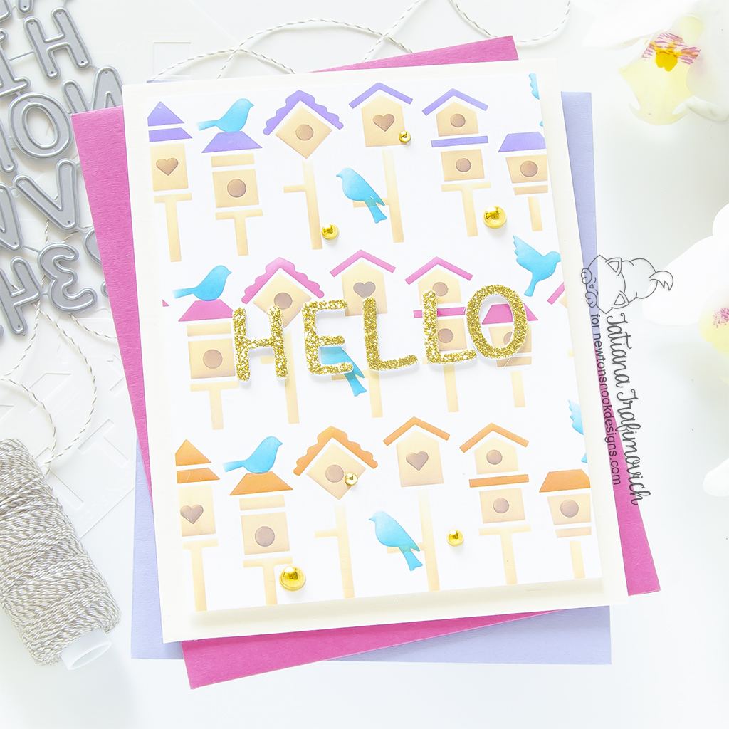 Hello #handmade card by Tatiana Trafimovich #tatianagraphicdesign #tatianacraftandart - Birdhouse Line Stencil by Newton's Nook Designs #newtonsnook