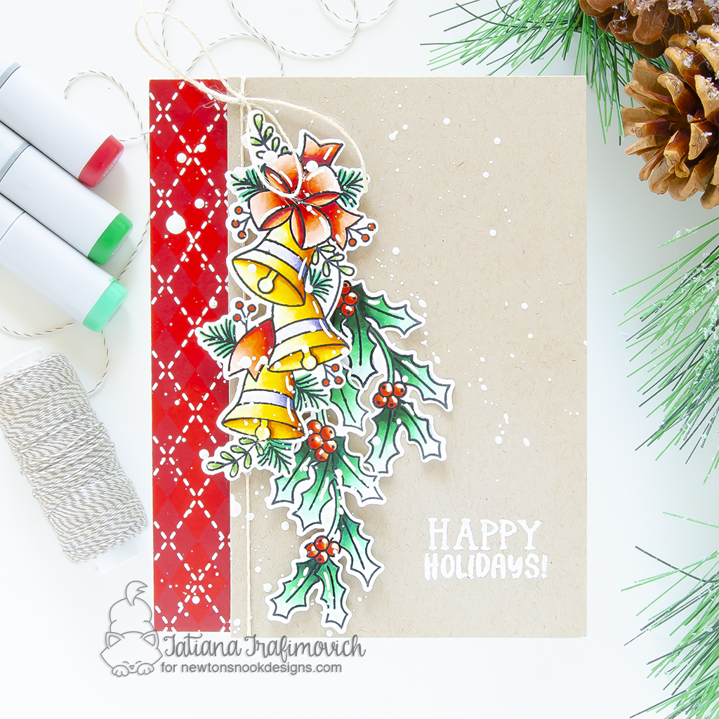Happy Holidays #handmade holiday card by Tatiana Trafimovich #tatianagraphicdesign #tatianacraftandart - Bells & Holly Stamp Set by Newton's Nook Designs #newtonsnook