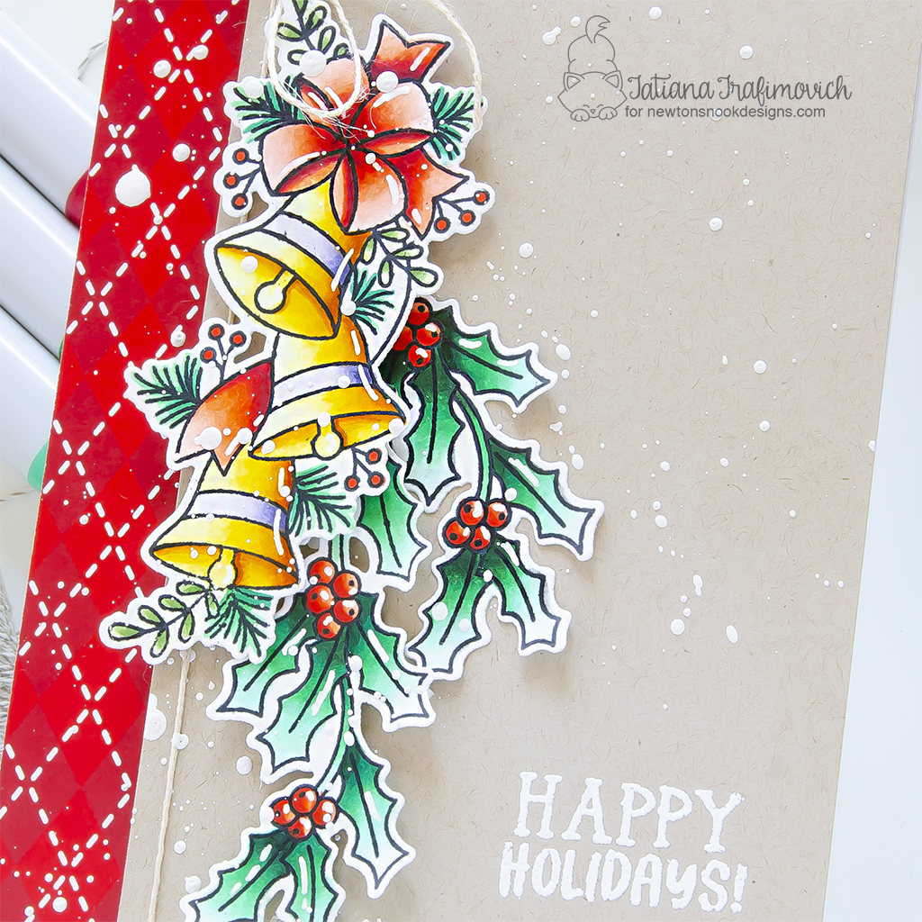 Happy Holidays #handmade holiday card by Tatiana Trafimovich #tatianagraphicdesign #tatianacraftandart - Bells & Holly Stamp Set by Newton's Nook Designs #newtonsnook