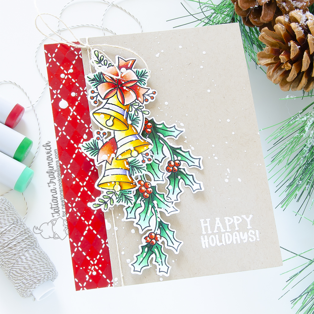 Happy Holidays #handmade holiday card by Tatiana Trafimovich #tatianagraphicdesign #tatianacraftandart - Bells & Holly Stamp Set by Newton's Nook Designs #newtonsnook