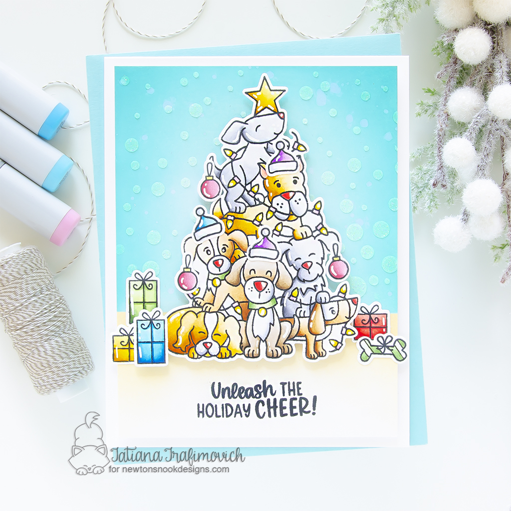 Unleash The Holiday Cheer #handmade holiday card by Tatiana Trafimovich #tatianagraphicdesign #tatianacraftandart - Dog Christmas Tree Stamp Set by Newton's Nook Designs #newtonsnook