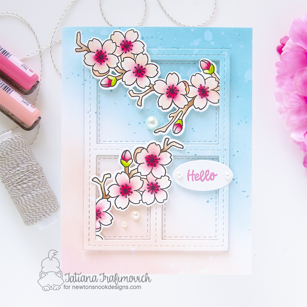 Hello handmade card by Tatiana Trafimovich #tatianagraphicdesign #tatianacraftandart - Cherry Blossoms Stamp Set by Newton's Nook Designs #newtonsnook