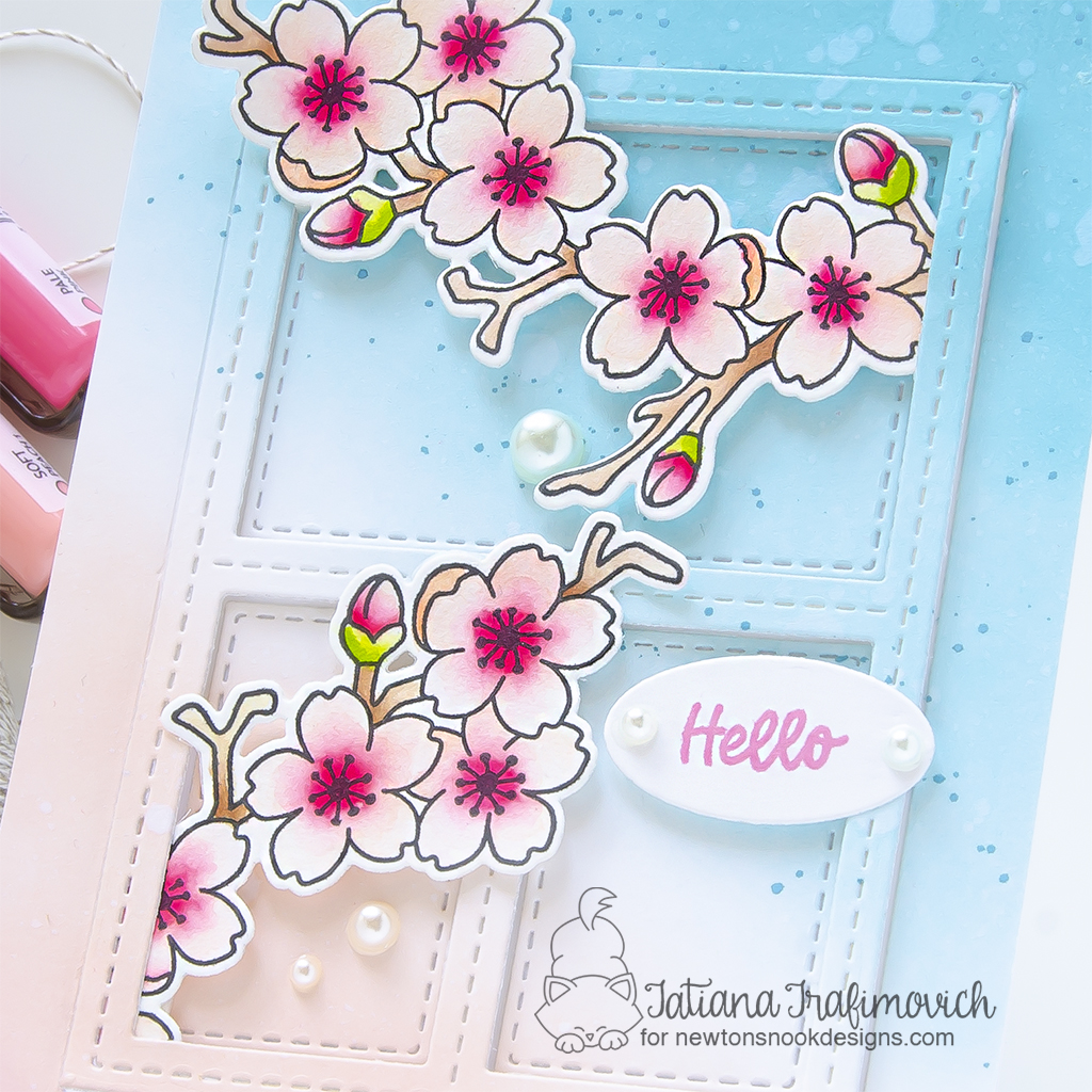 Hello handmade card by Tatiana Trafimovich #tatianagraphicdesign #tatianacraftandart - Cherry Blossoms Stamp Set by Newton's Nook Designs #newtonsnook