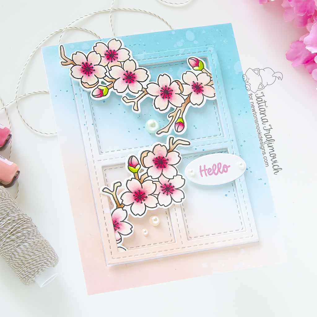 Hello handmade card by Tatiana Trafimovich #tatianagraphicdesign #tatianacraftandart - Cherry Blossoms Stamp Set by Newton's Nook Designs #newtonsnook
