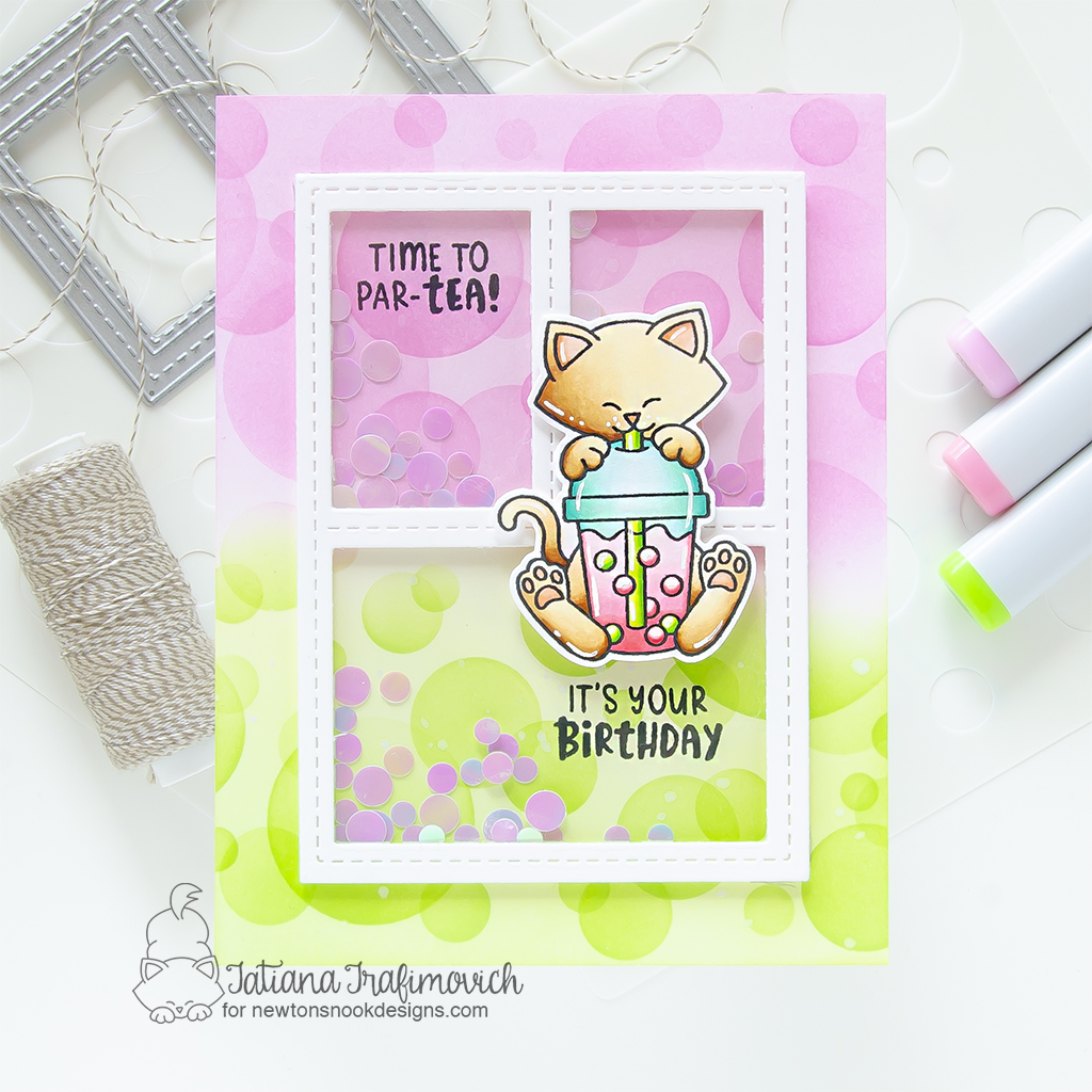 Time to Par-TEA! handmade birthday shaker card by Tatiana Trafimovich #tatianagraphicdesign #tatianacraftandart - Newton's Bubble Tea Stamp Set by Newton's Nook Designs #newtonsnook