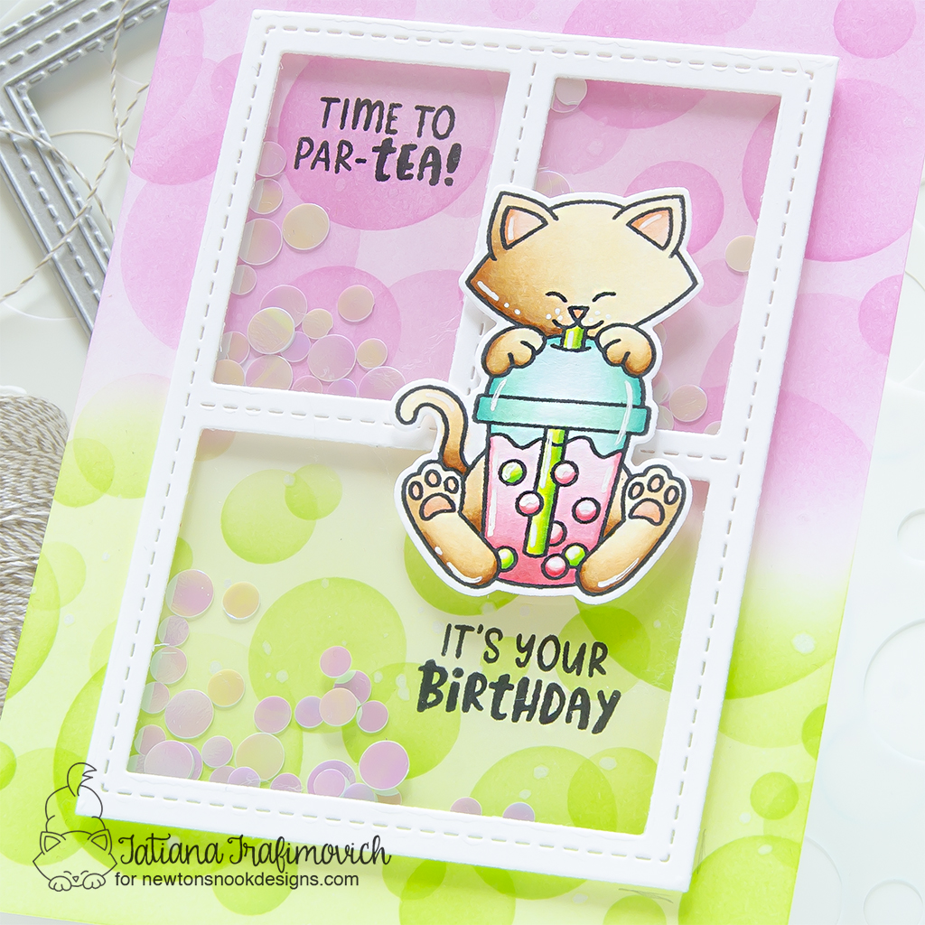 Time to Par-TEA! handmade birthday shaker card by Tatiana Trafimovich #tatianagraphicdesign #tatianacraftandart - Newton's Bubble Tea Stamp Set by Newton's Nook Designs #newtonsnook