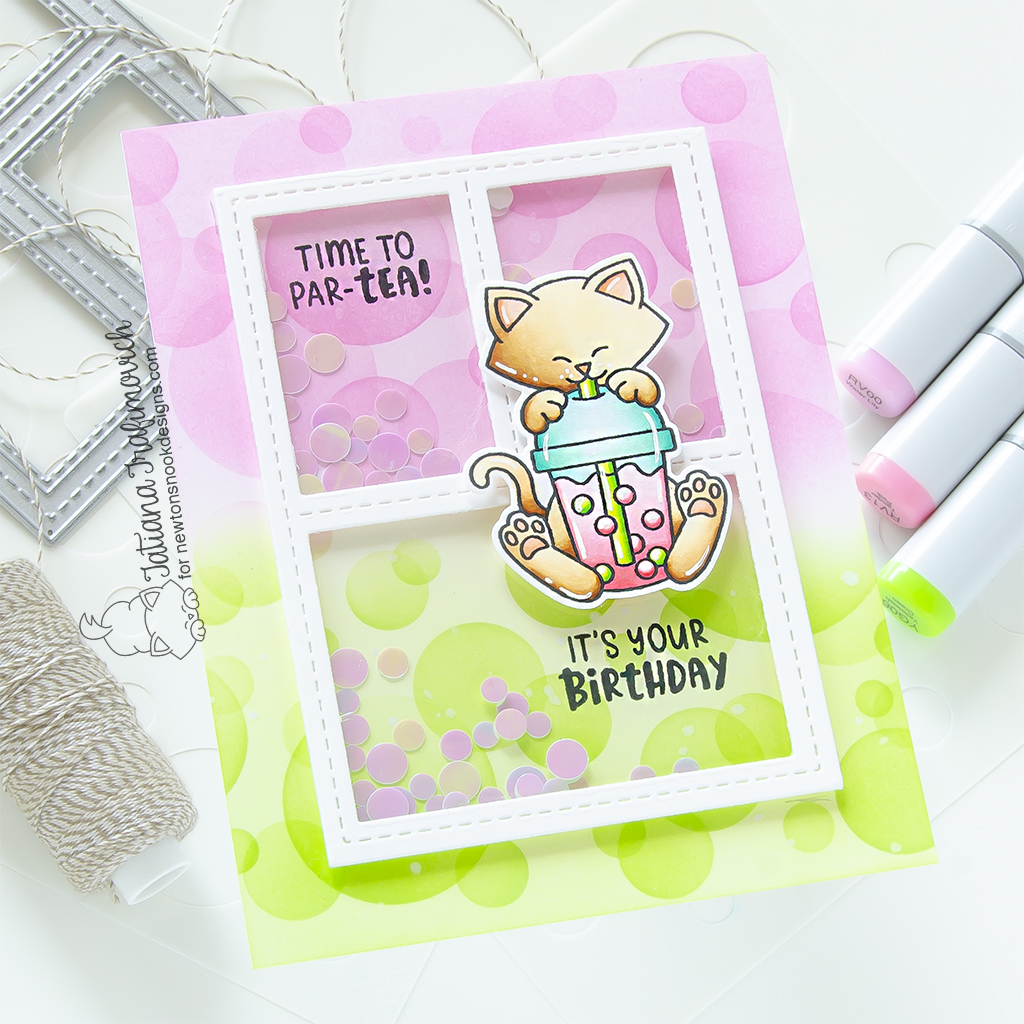 Time to Par-TEA! handmade birthday shaker card by Tatiana Trafimovich #tatianagraphicdesign #tatianacraftandart - Newton's Bubble Tea Stamp Set by Newton's Nook Designs #newtonsnook
