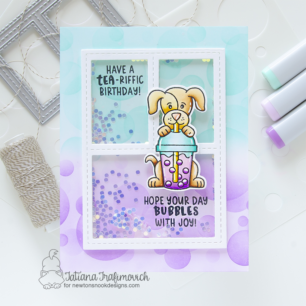 Have a TEA-riffic Birtrhday! handmade shaker card by Tatiana Trafimovich #tatianagraphicdesign #tatianacraftandart - Puppy's Bubble Tea Stamp Set by Newton's Nook Designs #newtonsnook