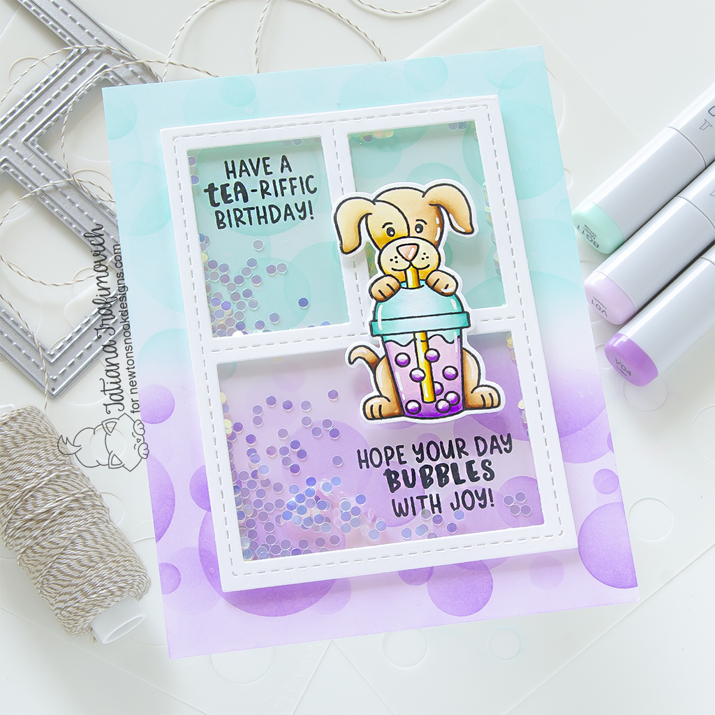 Have a TEA-riffic Birtrhday! handmade shaker card by Tatiana Trafimovich #tatianagraphicdesign #tatianacraftandart - Puppy's Bubble Tea Stamp Set by Newton's Nook Designs #newtonsnook
